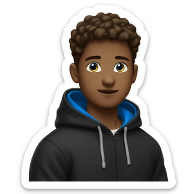 a 21 year old boy with blue eyes, brown hair, with a taper fade and a black hoodie sticker