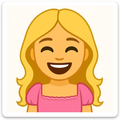 Create an iOS emoji style image of a blonde with long hair, green swamp eyes, and a pink pastel dress with a laughing expression. Keep all facial features, clothes, and hairstyle from the reference image. sticker