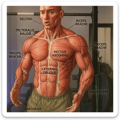 Highlight the muscle fibers of the man's body in the reference photo in a realistic anatomical style, maintaining the original pose and expression. Highlight muscle fibers and label the main muscle groups. sticker