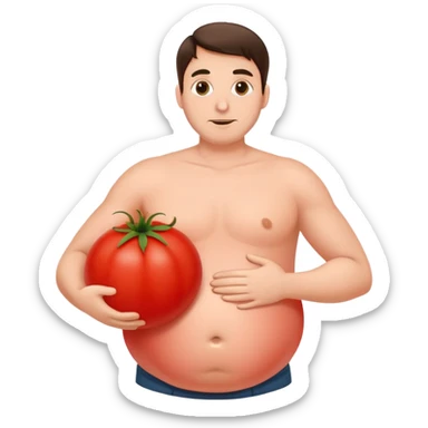 man with a large red tomato as his belly sticker