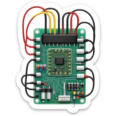 An icon featuring a circuit board, electrical wires, symbolizing electrical engineering. The design includes resistors, capacitors, and a power transformer, representing the study of electrical systems and innovation. Transparent background highlights modern electrical technology sticker