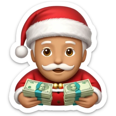 A confident rich emoji face wearing a Santa hat, money stacks, casino vibe, New Year theme, premium 3D emoji style, sharp details, no text, isolated on transparent background sticker