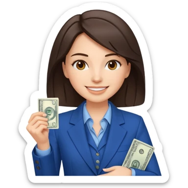 brunet Woman wearing blue suit holding dolar sticker