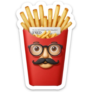 long slim crispy fries in a red carton, carton has eyes and mustache and glassess sticker