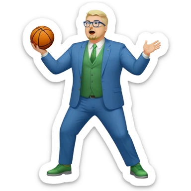 Full Body plus size white male yelling basketball team manager with glasses blondish gray short hair with a goatee wearing blue and green suit sticker