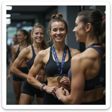 hyperrealistic 4K image of a woman posing in front of a gym mirror, defined muscles, sportswear, holding a medal, friends encouraging in the background, motivational phrase on the mirror, energetic atmosphere sticker