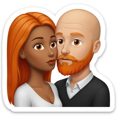 Brown eyed black women with long balayage brown hair. She is kissing a bald white man. The white and has orange facial hair and a long orange beard sticker