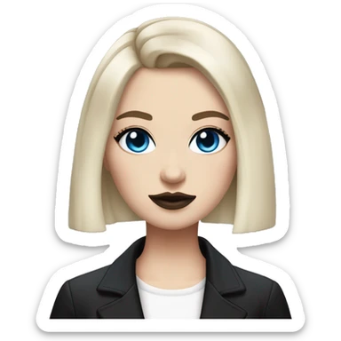 Slavic adult woman, goth eyes makeup, pink lips, blue eyes, medium bob black-to-blonde ombre hair, white T-shirt and black office jacket. sticker