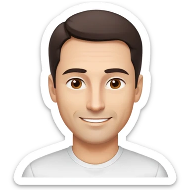 Fit good-looking man in his 40s with young appearance, light brown complexion, elongated face, fine jawline, intense brown eyes, medium eyebrows, straight narrow nose, attractive smile, short dark hair styled fresh, vibrant expression, wearing a white fitted athletic shirt sticker