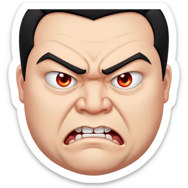 young angry fat man in profile view with black hair, fangs, crossed eyes sticker