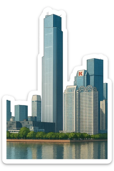 Изометричная, яркая, детализированная, объемная и фотореалистичная иллюстрация башни Guangzhou CTF Finance Centre. В стиле 3D-коллажей городов, насыщенные цвета, аккуратные и чёткие линии, мультяшно-реалистичная стилистика. Чёткие контуры, не размазанные линии, высокое качество, прозрачный фон, не обрезать края картинки sticker