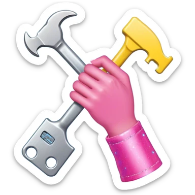 Yellow hand with bright pink fingernails holding a silver wrench. The hand is wearing what appears to be a blue sleeve or cuff at the wrist. The entire composition is set against a light blue square background with small pink sparkle or star elements sticker