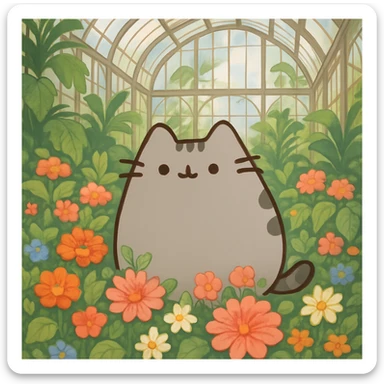pusheen cat surrounded by flowers in a botanical garden greenhouse sticker