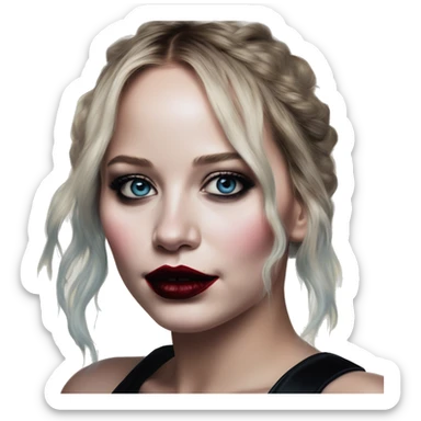 Barcelona Jennifer Lawrence in Harley Quinn style, oil paint, mysterious eyes, intricate lips, masterpiece portrait, odd perspective, beautiful, desirable, logical sticker