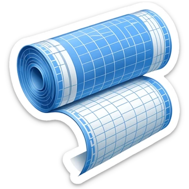 side perspective of a blue rolled-up blueprint plan with white lines sticker