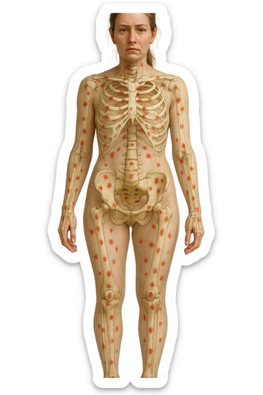 donna realistica a figura intera con red spot sparsi alle ossa, ossa del corpo visibili sul corpo, non sul volto iperrealistico 4k sticker