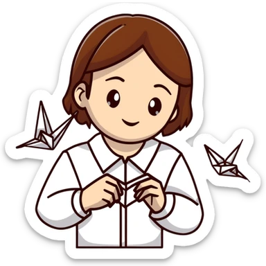 A happy Ukrainian young girl with brown hair in a white embroidered shirt makes an origami of a yellow and blue crane sticker