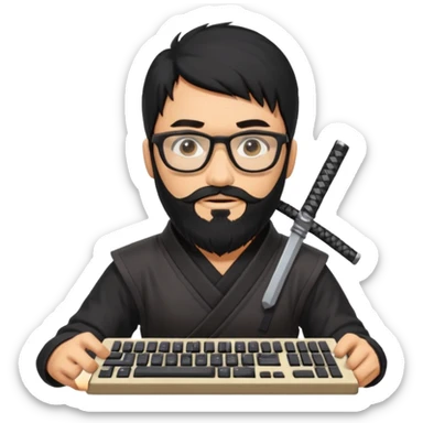 Man with black hair and beard wearing glasses in a ninja costume. Keep the top left version, make the beard longer and replace the sword with a keyboard  sticker