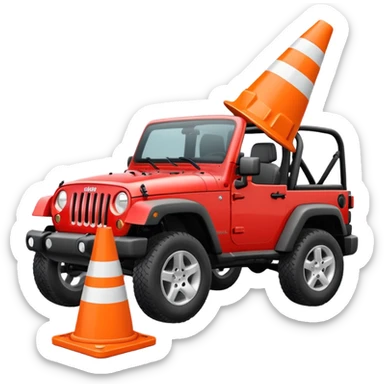 red Jeep Wrangler crushing an all-white traffic cone with no stripes or markings under its tires, emoji style sticker