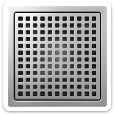 Minimal 3D style icon of a stainless steel square floor drain cover. 
Top-down view, clean geometric grid holes, subtle metallic reflection, modern bathroom hardware style. 
Centered, isolated on transparent background, soft shadow, high resolution, app icon style. sticker
