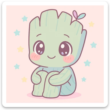 anime style Groot character, cute and shy, happy expression, sitting with knees up sticker
