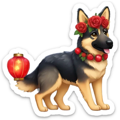 Midnight starry night stars Brindled German shepherd fox carrying glowing red lantern, fairy lights, rose flower crown sticker