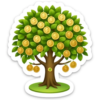 Apple-style money tree, round soft green canopy.
No pot, no ground — only the tree.
Small gold coins as fruits inside the leaves (not below).
Flat 2D vector, clean shapes, no gradients.
Dark near-black background, premium fintech icon. sticker