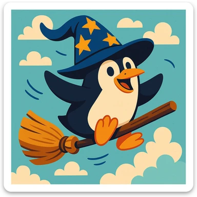 a playful penguin wizard flying on a broomstick, with a wizard hat flapping in the wind, cartoon style, fun and whimsical style sticker