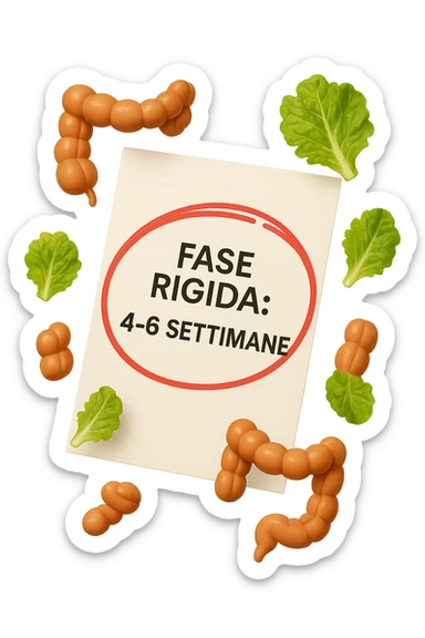 EMOJI STILE IPHONE DI UN foglio di carta fluttua in aria con la scritta "FASE RIGIDA: 4-6 SETTIMANE" CERCHIATA A PENNA IN ROSSO, ATTORNO AL FOGLIO FLUTTUANO PICCOLI TRATTI DI COLON UMANO IN STILE EMOJI E FOGLIE DI INSALATA, REALISTICA 4K sticker