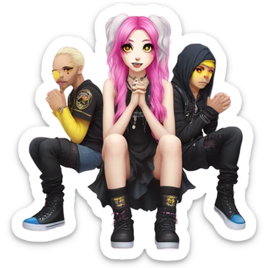 Blue eyed long eye lashes pout blonde and pink hair pale hime gyaru girl, hot pink and yellow split-dyed hair, nose ring, elf ears, dark makeup, punk clothes standing next to three diffrent men praying on their knees sticker