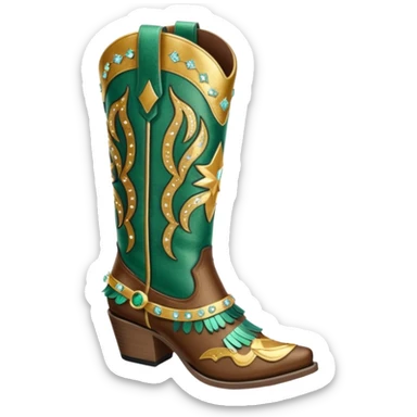 Realistic emerald brown and gold fashion cowgirl boots with sparkly shiny glitter fringe on them. sticker