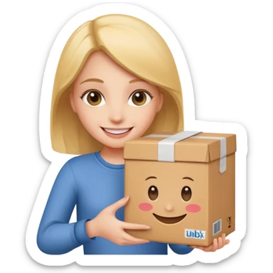 Create unbox and smile logo on it and girl hold it sticker
