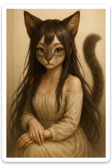 Enhance cat-like features with bigger cat ears, visible whiskers, feline nose, and a fluffy tail, maintaining a realistic anime look. sticker