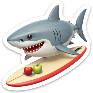 Shark eating apples on a surf board sticker