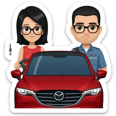 camioneta mazda cx 5 roja con una conductora mujer con lentes de cabello negro del lado izquierdo y un copiloco hombre de pelo corto negro y lentes del lado derecho, todo en caricatura sobre una avenida principal con paisaje verde sticker