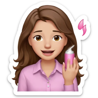 girl with wavy long brown hair, brown eyes, light to medium complexion, long lashes, light pink lipstick, wearing light pink shirt, smiling, crying laughing sticker