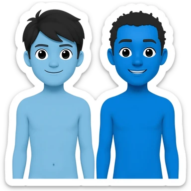 Ganzkörperportrait. Aktmalerei. Zwei Figuren am Anfang ihrer Zwanziger. Die eine Figur ist ostasiatisch und hat blaue Haut. Die andere Figur ist ostafrikanisch und hat blaue Haut. Keine Figur hat die Augen geschlossen. Die Stimmung ist sehr fröhlich aber auch chillig. sticker