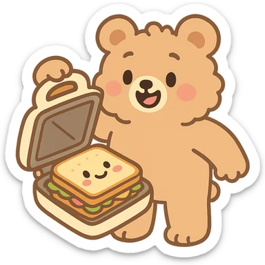 soft pastel style fluffy bear as a sandwich maker, opening with a cute sandwich inside, creamy brown, full-body sticker