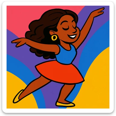 Add a vibrant, colorful background behind Dana Dawson in a dance pose, keep the original vibrant toon style sticker