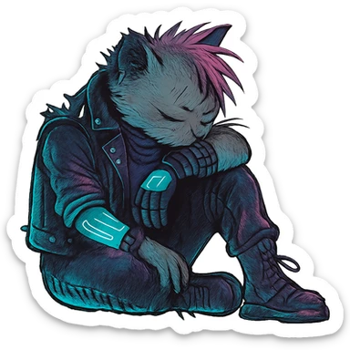  a anthro cat laying down his head to nap, punk gothic style, futuristic cyberwave cyberpunk, sitting position sticker