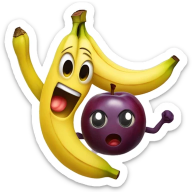 Banana with a super scared face dancing with a plum with a face dancing sticker