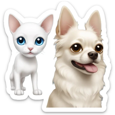 white cat blue eyes standing next to tan chihuahua with dark eyes  sticker