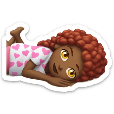 A black woman laying on her back on the beach, looking sick, red hair plats, butter flies around, pink hearts sticker