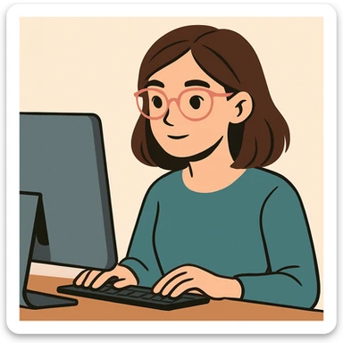 woman with light pink glasses working on computer, light skin, brown hair, modern digital illustration style, simple background sticker