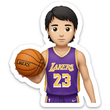 a light tan boy with messy a black mullet. wearing a lakers jersey and carrying a basketball sticker