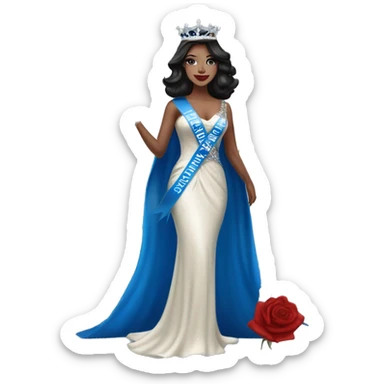 Beauty queen with white skin and dark hair, wearing Miss Massachusetts sash and wearing a crown and blue sparkly dress holding red roses sticker