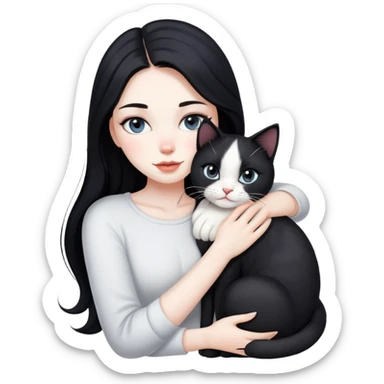 beautiful woman with pale skin, long black hair, hugging a black and white cat sticker