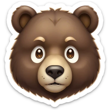 Cinematic Noble Bear Portrait Emoji, Poised and regal, with a large, imposing build and a thick, well-groomed rich dark brown fur, deep-set soulful eyes, Simplified yet sharp and sophisticated features, highly detailed, glowing with a soft, dignified glow, high shine, intelligent and formidable, stylized with an air of wild majesty, focused and attentive, soft glowing outline, capturing the essence of a watchful and commanding guardian, so majestic it feels as though it could lumber out of the screen with effortless authority! sticker