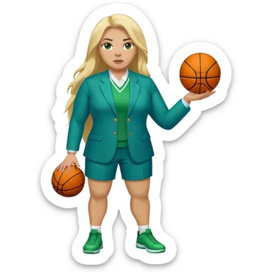 Full Body white plus size female basketball head coach with long blonde hair in a blue and green suit sticker