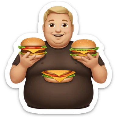 A very fat guy in an Alex Zero T-shirt, holding burgers, gives a like. sticker
